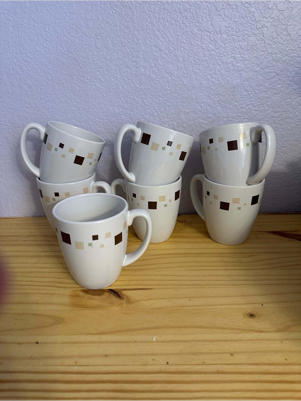 Corelle White Mugs with Beige and Brown Square Accent - Set of 6